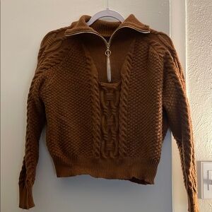 Brown Cable Knit Sweater with Half-Zip